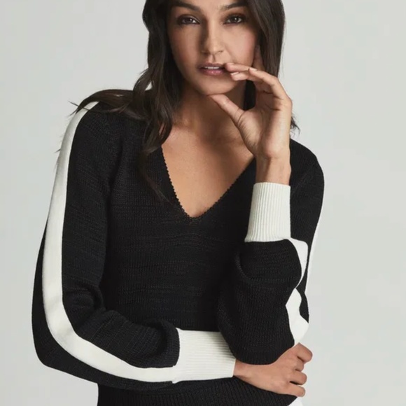 Reiss Sweaters - REISS TAYLOR CONTRAST TRIM KNITTED JUMPER BLACK  V-neck colour block Siz…